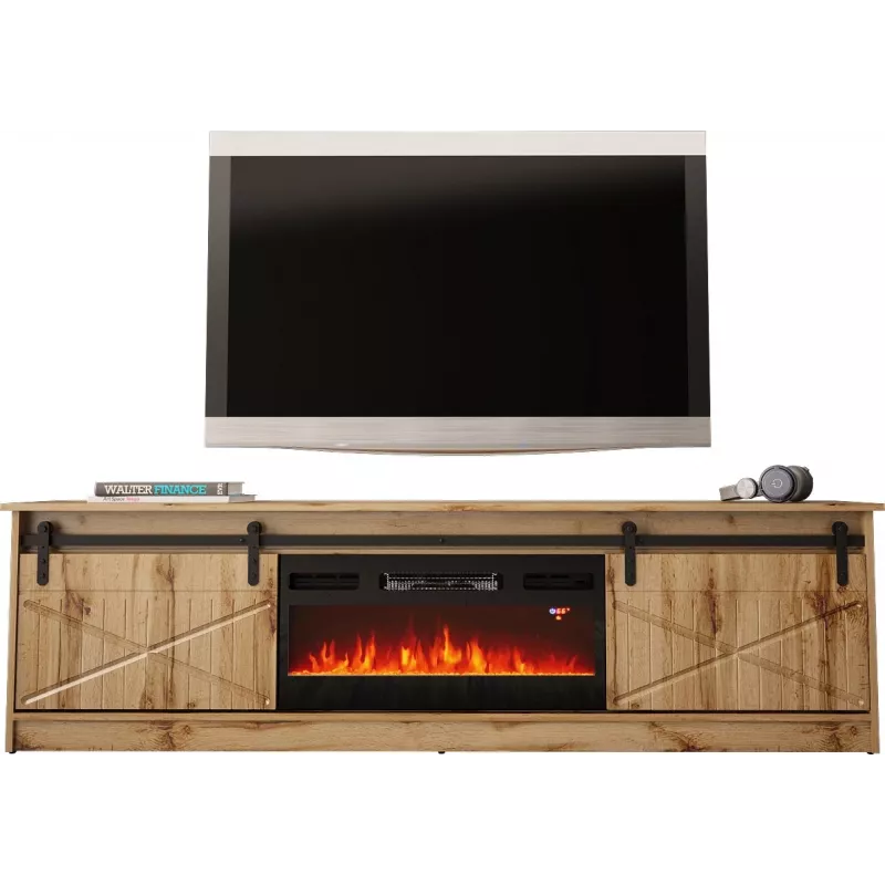 TV cabinet Cama Meble GRANERO su židinio spintele, Wotan ąžuolas, 2000×350×567 mm, 2 durelės, 2 lentynos