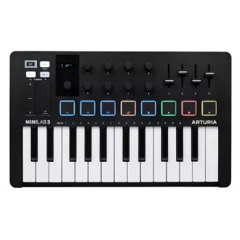 MIDI valdiklis ARTURIA MiniLab 3 — 25 klavišų kompaktiška USB MIDI klaviatūra su MIDI Out, įvairiaspalviais foniniais apšvietimais