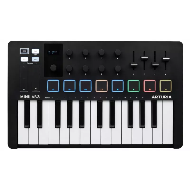 MIDI valdiklis ARTURIA MiniLab 3 — 25 klavišų kompaktiška USB MIDI klaviatūra su MIDI Out, įvairiaspalviais foniniais apšvietimais