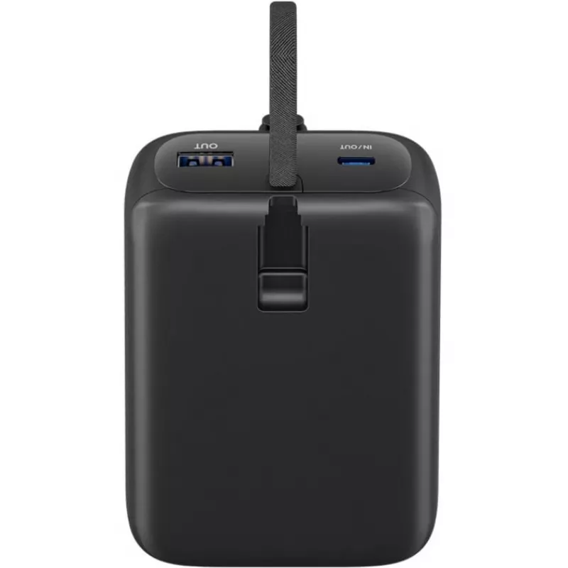 Powerbank 20.000 mAh, integruotas USB-C laidas 13cm, 30 W (juoda, 20 Ah, 1x USB-A, 2x USB-C, PD, QC)