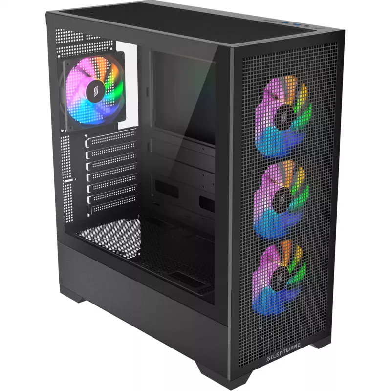 PC korpusas Silentware Core 100 A-RGB Juoda — modelis CORE100Juoda, A-RGB apšvietimas, vidutinio bokšto formos faktorius