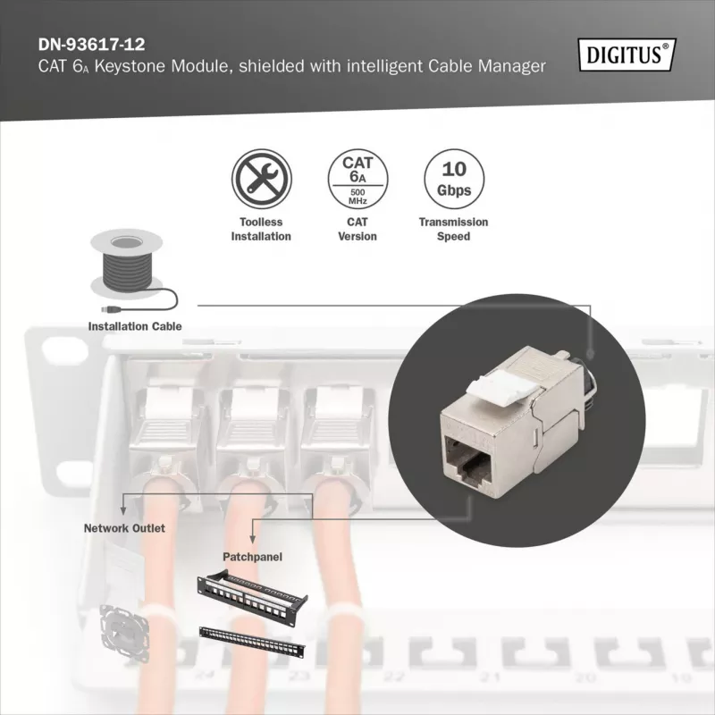 Keystone modulis DIGITUS CAT 6A ekranuotas su išmaniuoju kabelių tvarkikliu, plokščias RJ-45, 14,5×34,5×21 mm — 12 vnt.