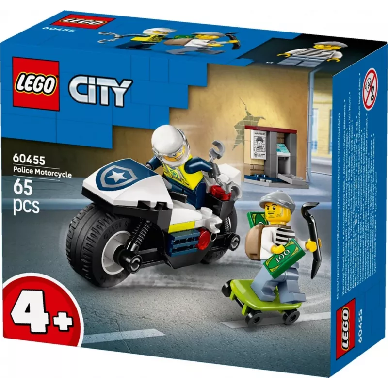 LEGO City policijos motociklo gaudynių rinkinys 60455 — 65 dalys, 2 minifigūrėlės, amžius 4+