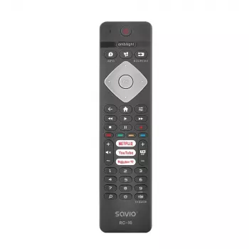 SAVIO RC-16 IR belaidis nuotolinis valdymo pultas, skirtas TV imtuvui / priedėliui, 20 įrenginių, 10 m veikimo nuotolis, juodas