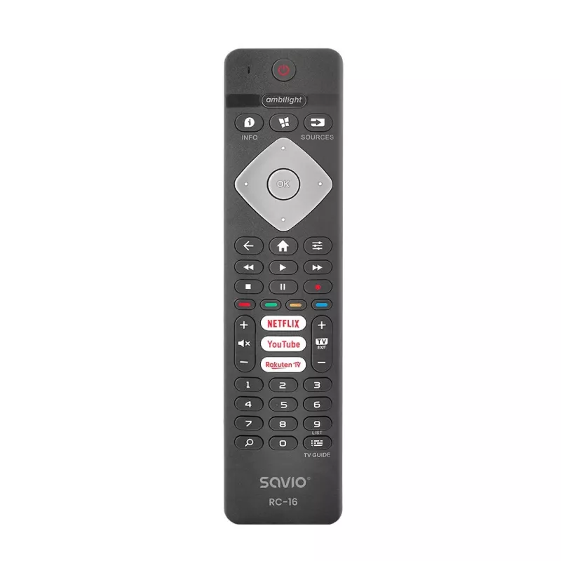 SAVIO RC-16 IR belaidis nuotolinis valdymo pultas, skirtas TV imtuvui / priedėliui, 20 įrenginių, 10 m veikimo nuotolis, juodas