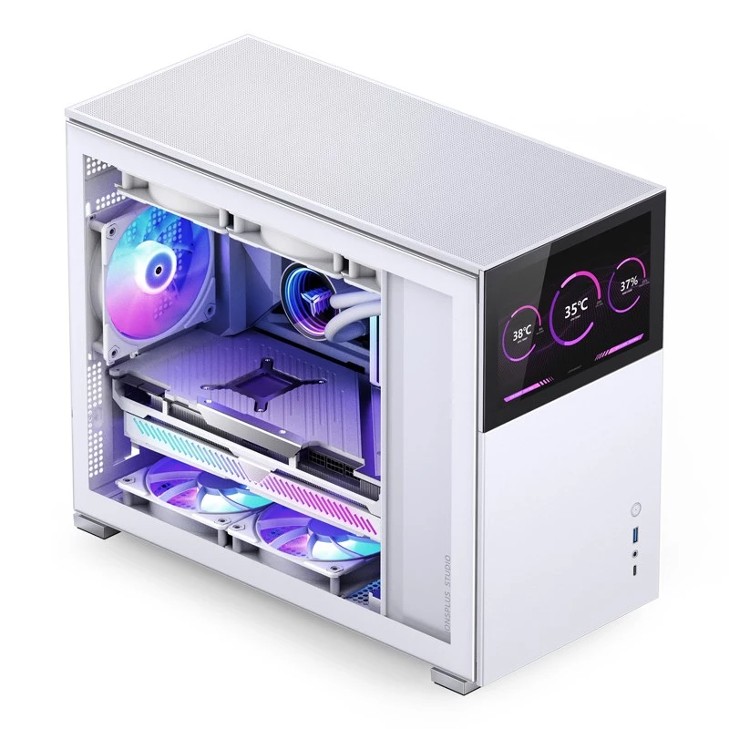 PC korpusas Jonsbo D31 STD baltas — Midi Tower, plieninis, grūdintas stiklas, Micro-ATX/ITX/DTX, 2×2,5 colio + 1×3,5 colio, GPU iki 400 mm, CPU aušintuvas 168 mm