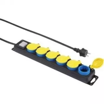 Maitinimo juosta Renkforce 650D-CMB — 6 lizdų valdoma maitinimo juosta, juoda su geltonais ir mėlynais lizdais