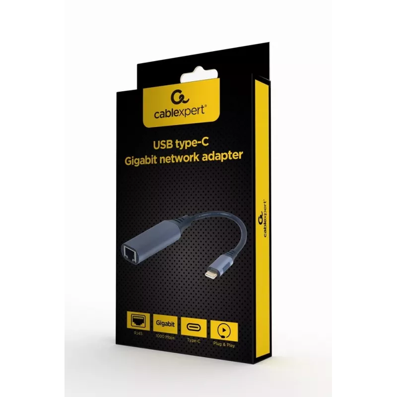 Tinklo adapteris Gembird A-USB3C-LAN-01 Type-C USB 3.2 Gen 1, Gigabit RJ-45, 0,15 m laidas, metalinis korpusas, pilka/juoda