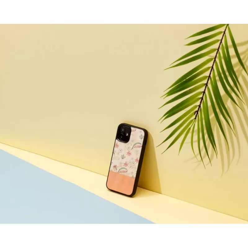 Apsauginis telefono dėklas Man and Wood skirtas iPhone 12 mini — rožinė gėlė juodame fone
