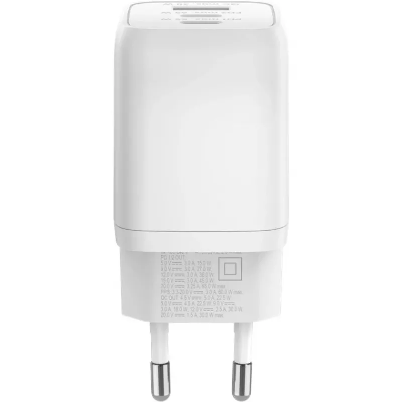 USB-C Fast Charger Nano, PD, GaN, 65 vatų (balta, 1x USB-A, 2x USB-C PD, Charge 3.0)