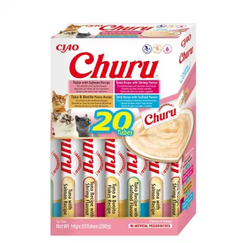 Šlapi kačių skanėstai INABA Churu Variety Box Seafood — 20 x 14 g tūbelės, žuvies pasta, be grūdų, be cukraus ir be glitimo