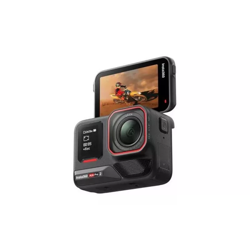 Veiksmo sporto kamera Insta360 Ace Pro 2 — 50 MP, 8K itin didelė raiška (7680×3272), 1/1,3 colio jutiklis, iki 240 kadrų per sekundę, įmontuotas ekranas, „Wi‑Fi“, „MicroSD“, 177,7 g, juoda
