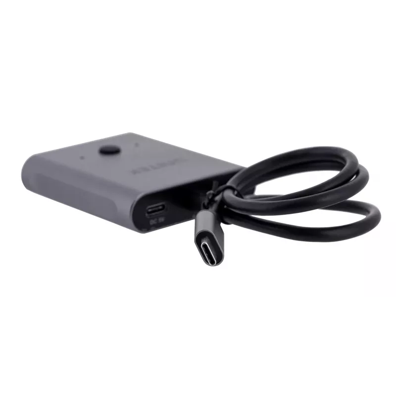 USB-C šakotuvas Unitek D1078A — USB-C dokinimo stotis, 2x USB-C įvestis, 1x USB-C išvestis, 100 W PD, 4K palaikymas, 3840×2160 maks., pilka