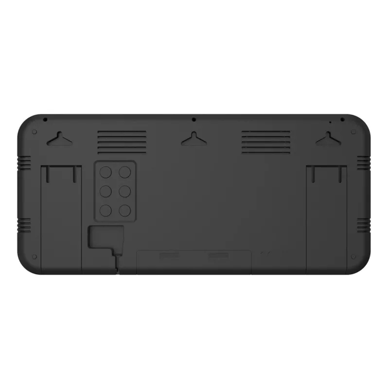 Didelis skaitmeninis laikrodis su temperatūros jutikliu, tvirtinamas ant sienos arba pastatomas, 37x17 cm LCD ekranas, maitinimo adapteris ir baterijomis maitinamas