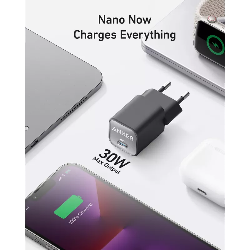 Vidinis kintamosios srovės įkroviklis Anker 511 Nano 3 — 30 W, 1× USB-C, 100–240 V, juodas