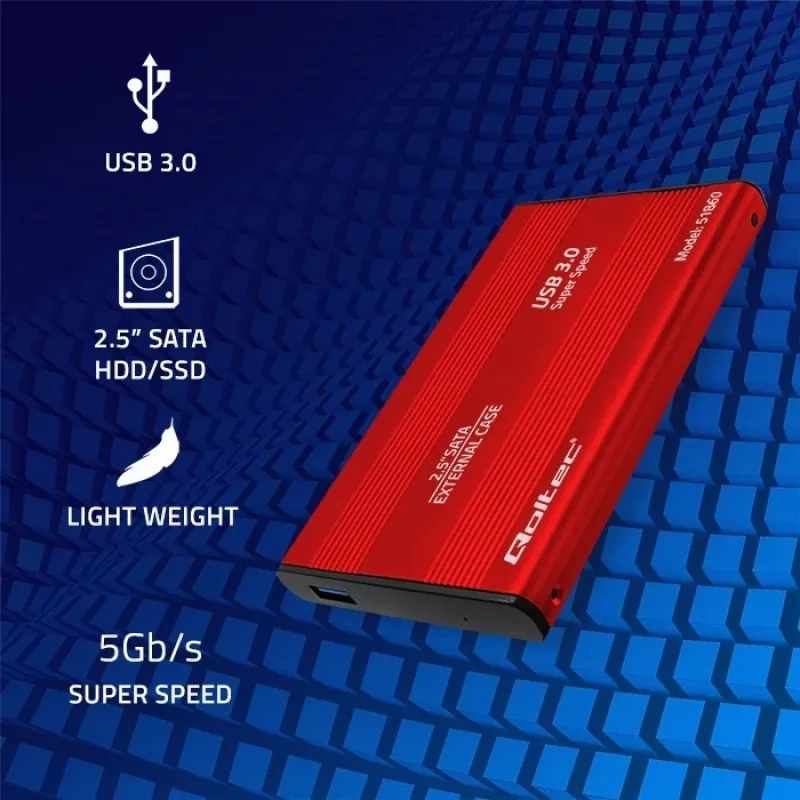 HDD/SSD dėklas QOLTEC 51860 2,5 colio SATA III diskams, USB Type-A, 5 Gbit/s, aliuminis, raudonas