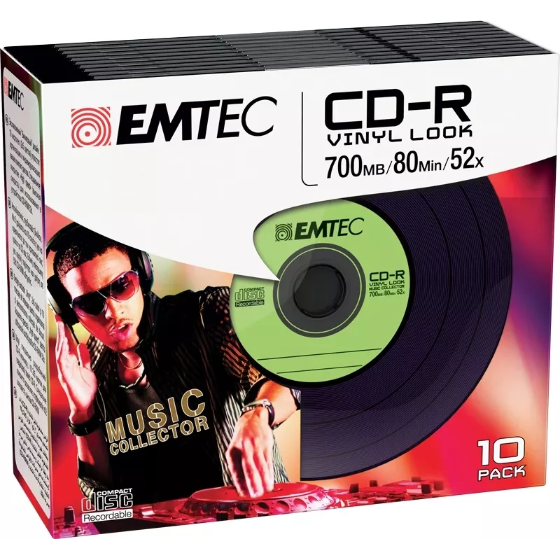 EMTEC Vinyl Look - 10 x CD-R - 700 MB (80 min.) 52x - mėlyna, geltona, alyvinė, žalia, rožinė - plonas jewel dėklas