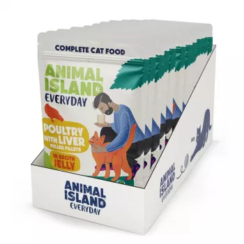 Šlapias kačių maistas animal island Everyday paukštiena ir kepenys želėje, daugiapaketė pakuotė 12 x 85 g, suaugusioms katėms, be glitimo ir sojos