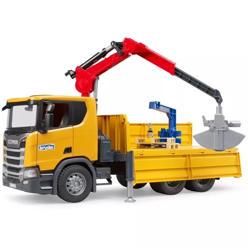 Žaislinis statybinis sunkvežimis BRUDER Scania Super 560R su kranu ir 2 padėklais