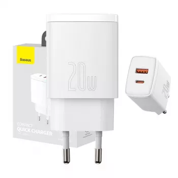 Sieninis įkroviklis Baseus Compact 1x USB-A + 1x USB-C 3A, kompaktiškas kelioninis adapteris