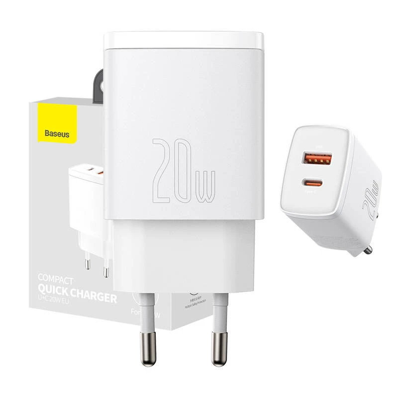 Sieninis įkroviklis Baseus Compact 1x USB-A + 1x USB-C 3A, kompaktiškas kelioninis adapteris