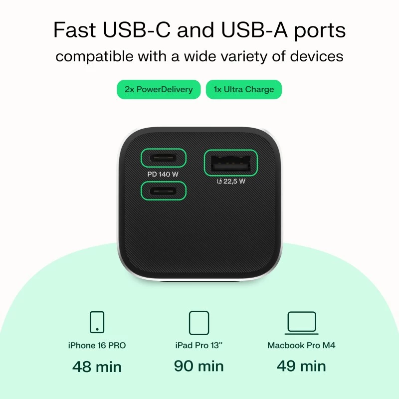 Nešiojama baterija Green Cell PBGC25UD, 25200 mAh, Li‑Ion, 140 W bendra galia, 2× USB‑C + 1× USB‑A, OLED ekranas, aliuminis korpusas