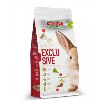 Sausas triušių maistas Alegia Exclusive 700 g — daržovių skonio, baltymų 15,76 %, ląstelienos 16,3 %