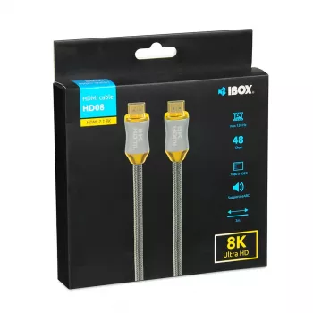 HDMI laidas IBOX HD08 2 m, HDMI A tipo kištukas–kištukas, HDMI 2.1, sidabrinis