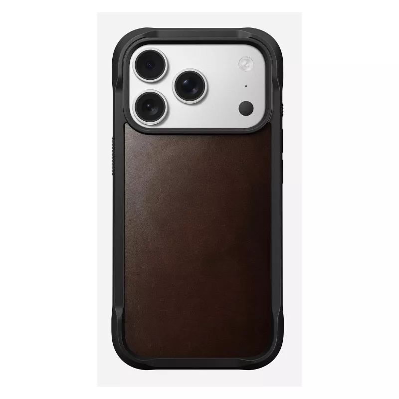 Mobiliojo telefono dėklas Nomad Rugged Leather Case, skirtas iPhone 17 Pro, 6,3 colio (16 cm), rudas, oda/TPU/aliuminis
