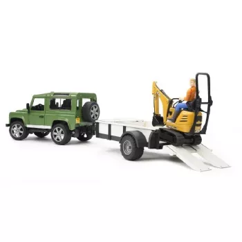 Žaislinė transporto priemonė BRUDER Land Rover Defender su priekaba CAT ir žmogumi