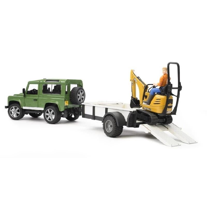 Žaislinė transporto priemonė BRUDER Land Rover Defender su priekaba CAT ir žmogumi