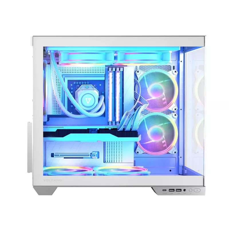 PC korpusas MODECOM Volcano Panorama Midi Tower baltas — micro ATX, grūdintas stiklas, ARGB, USB-C, palaiko GPU iki 400 mm