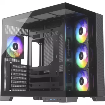 Silentware View A-RGB Juoda PC korpusas VIEWJuoda — vidutinio dydžio bokšto korpusas su A-RGB apšvietimu