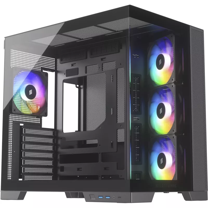 Silentware View A-RGB Juoda PC korpusas VIEWJuoda — vidutinio dydžio bokšto korpusas su A-RGB apšvietimu