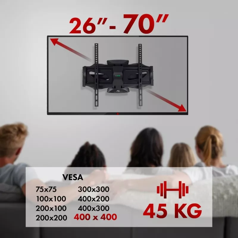 Sieninis TV laikiklis MACLEAN MC-781, skirtas 66–177,8 cm (26–70 colių) ekranams, pakreipimas -12–2°, VESA 100x100–400x400, maks. apkrova 45 kg, juodas