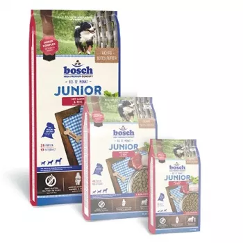 Sausas šunų maistas Bosch JUNIOR SU ĖRIENA IR RYŽIAIS, formulė jaunikliams, 10–15,9 kg maišas, 25% baltymų, 13% riebalų, be glitimo