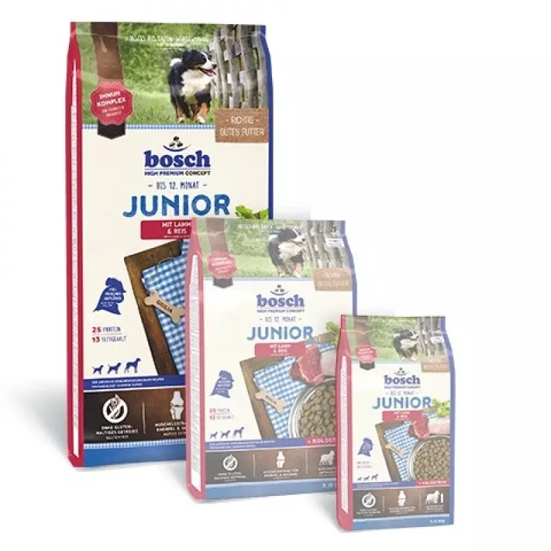 Sausas šunų maistas Bosch JUNIOR SU ĖRIENA IR RYŽIAIS, formulė jaunikliams, 10–15,9 kg maišas, 25% baltymų, 13% riebalų, be glitimo