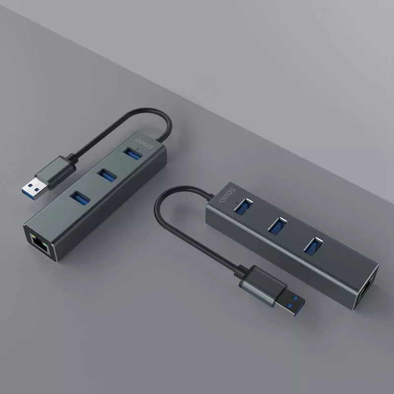 SAVIO USB-A šakotuvas su RJ-45 Gigabit Ethernet AK-57 — 3× USB-A + RJ-45, USB 3.2 Gen 1 Micro‑B prieglobos prievadas, 5 Gbit/s, 4 prievadai, pilkas