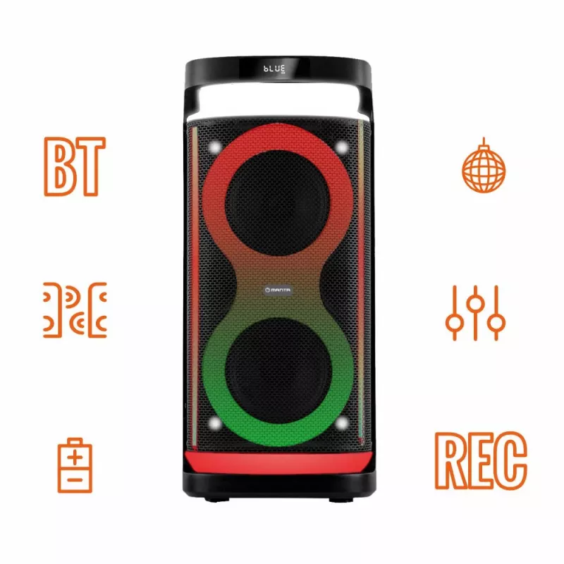 Nešiojamas garsiakalbis MANTA SPK0601B100, 100 W, Bluetooth, karaokė, belaidis mikrofonas, baterija, ekvalaizeris, disko apšvietimas