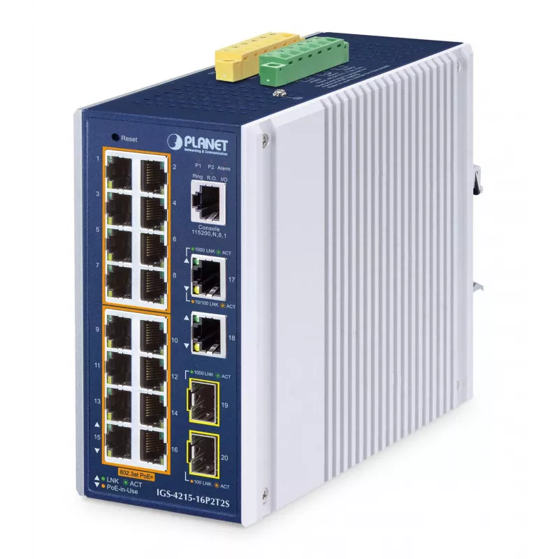 Valdomas komutatorius PLANET IP30 16 prievadų L2/L4 Gigabit Ethernet PoE