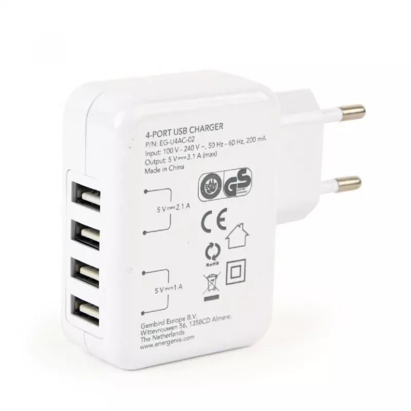 UNIVERSALUS USB ĮKROVIKLIS BALTAS/4 PORTŲ EG-U4AC-02 GEMBIRD