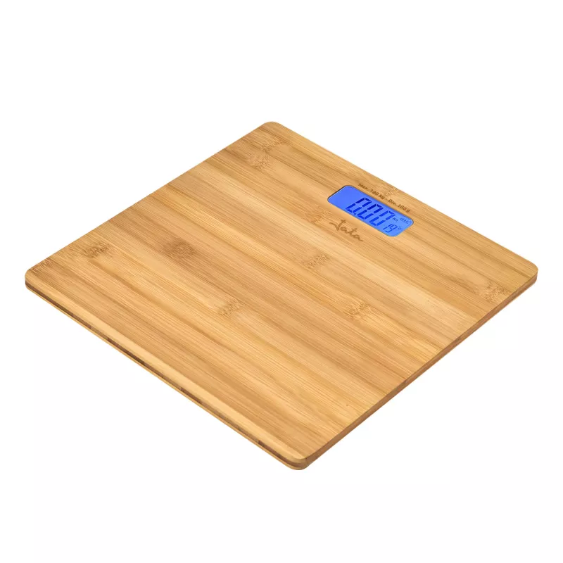 Elektroninės asmeninės svarstyklės Jata HBAS1489 — 180 kg talpa, 100 g tikslumas, 10,2 cm LCD, bambuko platforma