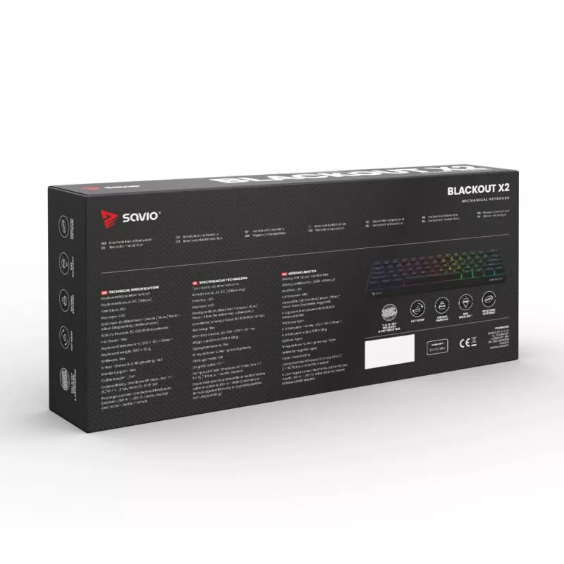 Mechaninė žaidimų klaviatūra SAVIO JuodaOUT X2 PEACH — 61 klavišų 60 % QWERTY, RGB LED, karštasis keitimas, USB Type-A/Type-C, nuimamas laidas