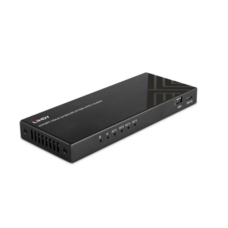 „Lindy“ 4 prievadų HDMI 8K60 skirstytuvas su garsu, HDMI, 4x HDMI, 3,5 mm, 7680 x 4320 pikseliai, juoda, metalas