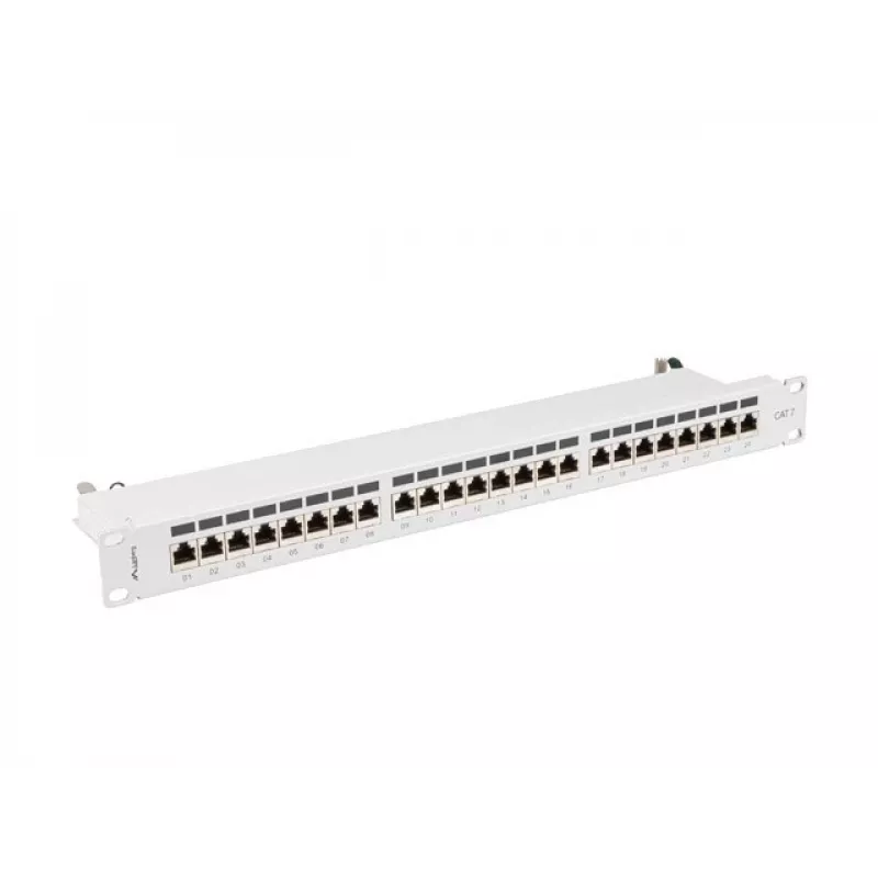 Patch panel 1U LANBERG PPS7-1024-S — 24 prievadų, Cat7, F/UTP, metalinis, 1U (445×102×44,5 mm)