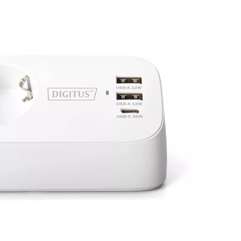 Maitinimo šakotuvas DIGITUS 3 lizdų su 2×USB-A ir 1×USB-C, 3 kintamosios srovės lizdai E/F tipo, 1,5 m laidas, baltas