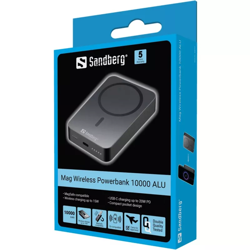 Nešiojamas įkroviklis Sandberg Mag Wireless Powerbank 10000 ALU, 10000 mAh