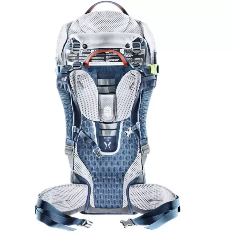 Vaikiška nešynė kuprinė DEUTER Kid Comfort Active — mėlyna, poliamidas, iki 22 kg, skėtis nuo saulės, kojų atrama, VariQuick, Lite Air