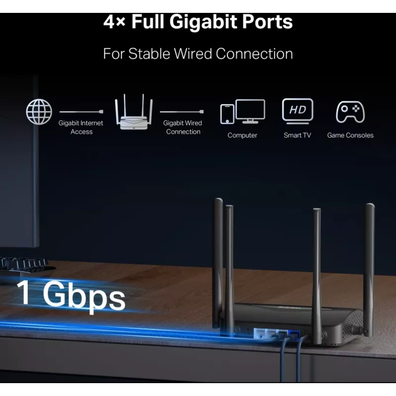 Stalinis maršrutizatorius MERCUSYS MR25BE EasyMesh Wi‑Fi 7 dviejų juostų 2,4/5 GHz, 3600 Mbps, 3× Gigabit LAN, 4 išorinės antenos