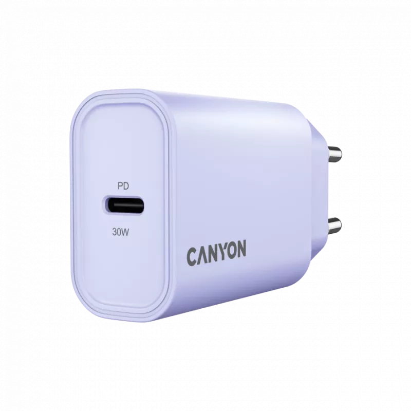 Sieninis įkroviklis CANYON OnCharge 30CL, 30W USB-C PD, 1x PD išvestis, EU kištukas, violetinė